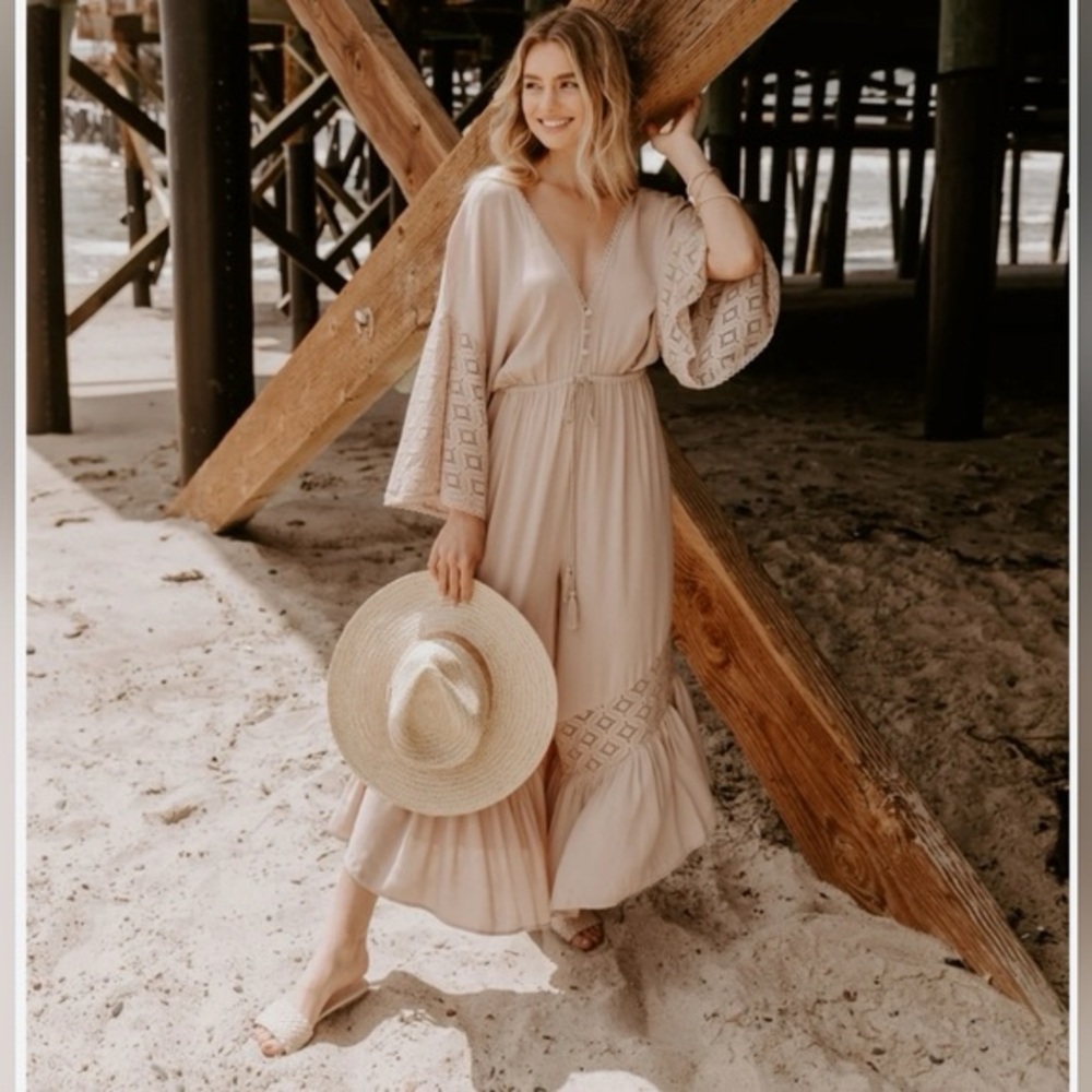 Boho Beige Embroidered Tie-Waist Jumpsuit & Romper